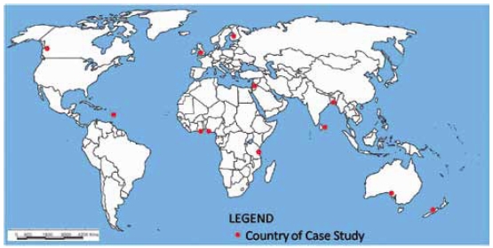 black and white map of the world showing countries. Figure 2: World Map Showing Case Study Countries.